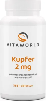 Produktbild von Vitaworld Kupfer 2 mg | 365 Tabletten | Kupfer-Gluconat für eine hohe Bioverfügbarkeit | vegan