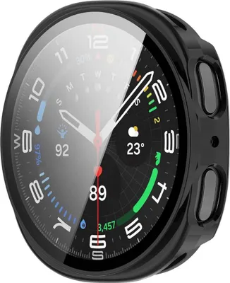 A close-up of a smartwatch with a protective case.