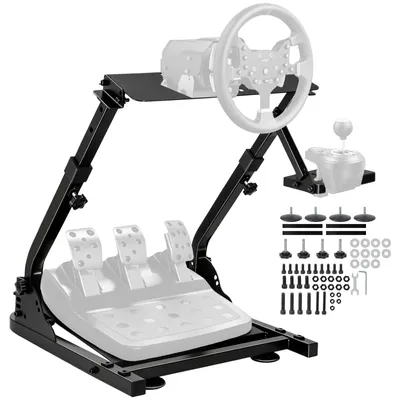 Produktbild von Universal Racing Lenkradständer - Gaming Wheel Stand - Höhenverstellbar 56–78 cm - Faltbar - Kohlenstoffstahl - Pedalplatte 3 Stufen - Schalthebel links/rechts - Schwarz