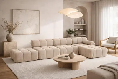 Image de Canapé d'angle  en L XL, tissu velours Salvador, beige, version droite, Selia L XL