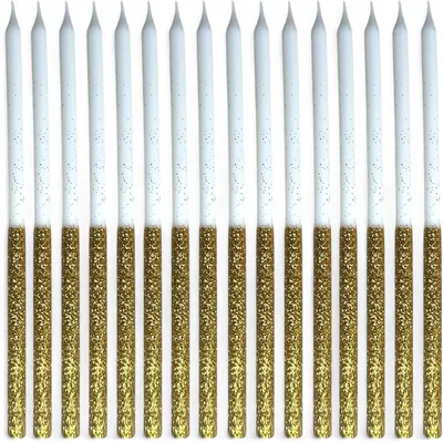 Productafbeelding van Lange taartkaarsen, verjaardagskaarsen, goudwit met gouden glitter, set van 16 stuks, taartdecoratie met houders