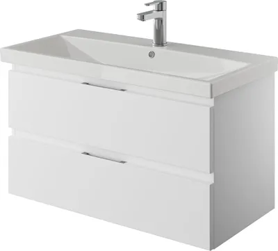 Produktbild von Bad Waschtisch, 90cm, grifflos, in Schneeweiß Glanz mit Keramik Waschbecken VILLATORO-66, B/H/T ca. 90/53,2/45 cm