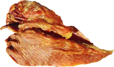 A single piece of dried chicken breast jerky for dogs, presented against a white background.