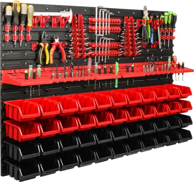 Immagine prodotto di Sistema di stoccaggio Scaffale da officina | 115 x 78 cm | 44 pezzi. Scatola | Scaffale a muro con supporti per utensili e contenitori impilabili - Pannelli a muro Scaffale extra forte Scaffale forato per utensili Scaffale da magazzino Scaffale da garage