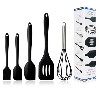 Produktbild von Küchenutensilien-Set aus Silikon - Spachtel, Backpinsel, Schneebesen, Wender - Antihaft- und hitzebeständig in Schwarz