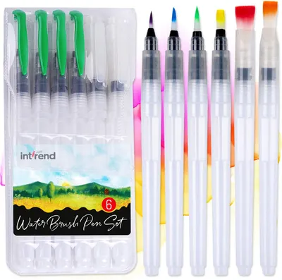 Produktbild von int!rend Premium Wassertankpinsel 6er Set nachfüllbar, Wassertank Stift für Aquarell, Wasserfarben Pinselstifte für Malen, Bullet Journal, Kalligraphie, Handlettering