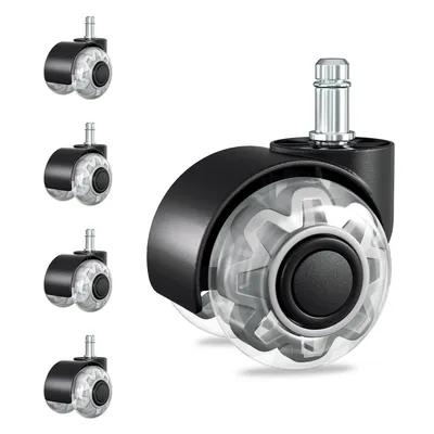 A set of five office chair casters, with one caster prominently displayed in the foreground and four smaller ones arranged to the left.