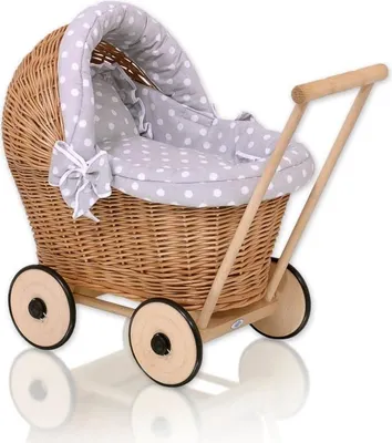 Obrázok produktu pre Wicker Doll Court - prútený kočík - ekologický, s mäkkou výplňou a posteľnou bielizňou