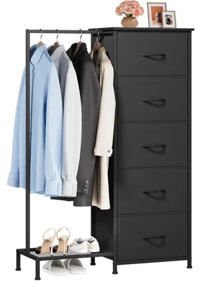 Produktbild von Kommode mit 5 Stoffschubladen und Kleiderstange Schwarz 79x114,5 cm