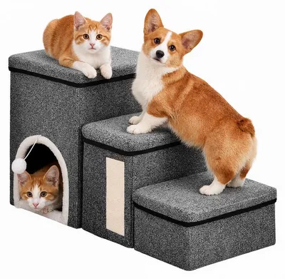 Produktbild von Klappbare Haustiertreppe & Hundetreppe mit Katzenbett, Kratzsäule und Stauraum für Hunde & Katzen