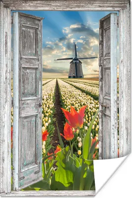 Produktbild von MuchoWow® Poster Blumen - Mühle - Frühling - Ausblick 120x180 cm - Kunstposter