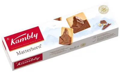 Produktbild von Kambly Matterhorn, Keks, Schokolade, Nougat, Eier, Gluten, Milch, Nüsse, Sojabohnen, Sesamsamen, Rechteck, 100 g, Papier