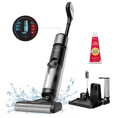 A wet dry vacuum cleaner and its accessories are displayed against a white background.