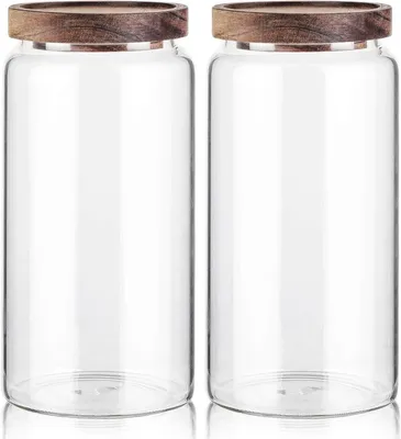 Produktbild von Vorratsdose Labina Vorratsdosen aus Glas mit Holzdeckel, 1200 ml, Weithals, Vorratsdose mit Deckel zur Mehlaufbewahrung, Glasbehälter mit Deckel für Z
