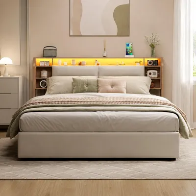 Image de Lit boxspring 140x200 cm avec éclairage LED, revêtement rembourré, tête de lit avec espace de rangement, lit double à plateau relevable hydraulique, lit pour adolescents avec coffre de rangement, couleur : blanc PU