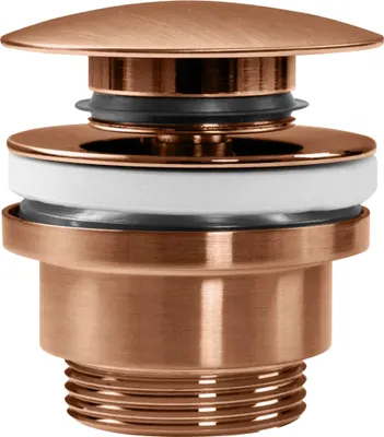 A close-up studio shot of a copper-colored sink drain stopper.