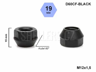 Obrázek produktu pro Kolová matice M12x1,5 kužel, nízká otevřená, černá, klíč 19, D60CF-BLACK, výška 15