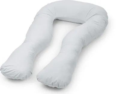 A white U-shaped pregnancy pillow is shown against a white background.