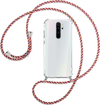 Produktbild von Handykette Backcover-Schutzhülle mit Band (Metall silberfarben) für Xiaomi Redmi Note 8 Pro - weinrot/gelb/grau