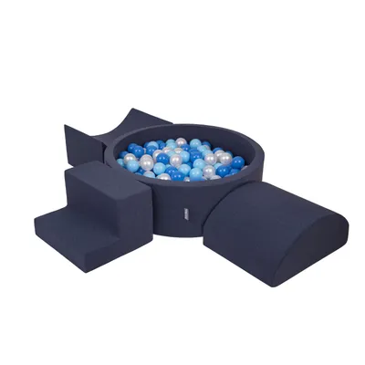 Obrázok produktu pre KiddyMoon Mäkké penové ihrisko pre deti s guľatým loptičkovým ihriskom (300 ∅ 7 cm) s mäkkými prekážkami a loptičkovým bazénom, vyrobené v EÚ, Tmavomodrá:Babyblue/Modrá/Perla, Verzia 6