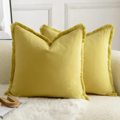 Immagine prodotto di Set di 2 federe per cuscini in cotone con frange, 60x60 cm, color senape, stile bohémien