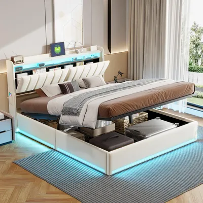 Produktbild von SUNFECILI Polsterbett 160x200 cm,Boxspringbett 160x200,mit Lattenrost,Weicher Rückenlehne und Kopfteil,USB,LED,Doppelbett,Jugendbett, Samt Stoff,Beige