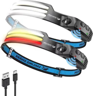 Immagine prodotto di Lampada frontale a 230° con LED a 3 colori, ricaricabile e impermeabile, ideale per campeggio, corsa e pesca