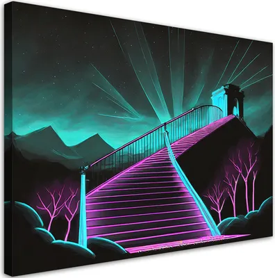 Produktbild von Leinwandbild Neontreppe 3D-Abstraktion 90x60 Feeby Violett bild für die wand bereit zum aufhängen