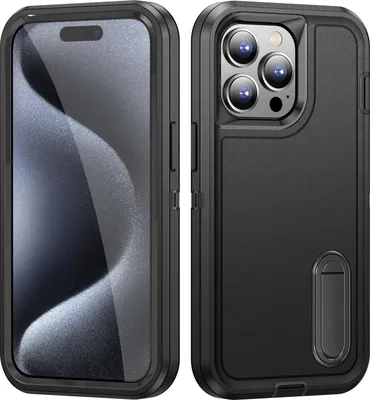 Produktbild von Hülle für iPhone 15 Pro Max Hybrid Dreilagige Robust Stoßfest Schwerlast Schutzhülle mit Ständer Schwarz