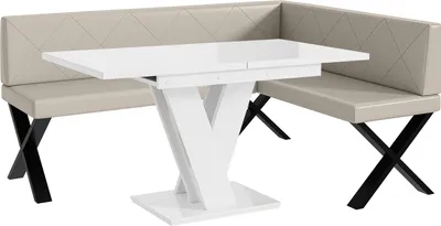 Produktbild von MEBLINI Eckbank für Esszimmer mit ausziehbarem Tisch  - Küchenbank - Essecke - Sitzecke Küche - ERIC - X-Beine 128x168x87cm Rechts - Beige Kunstleder/M Weiß Hochgl.