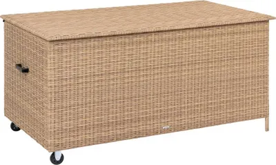 A storage box with a lid and wheels, made of woven material, shown from the side.