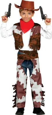 Obrázek produktu pro Cowboy Adventure Wild West Costume Carnival Kids Disguise Sheriff Sheriff Costume Gilet Hat Waistcoat Scarf Wild West Party Carnival Role Parties, Velikost: 140/146 Barva: Brown
