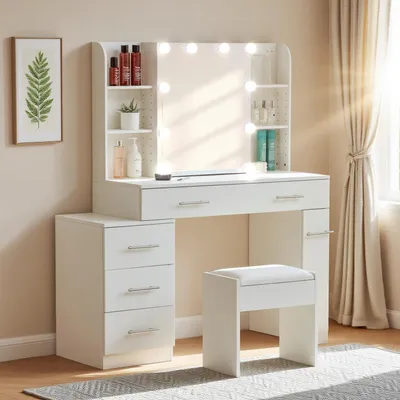 Productafbeelding van Make-up tafel met verlichting en kruk, 100x40x136 cm, wit, met schuifspiegel en 6 lades