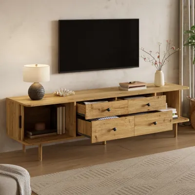 Produktbild von TV-Lowboard 165 cm MDF mit 4 Schubladen 2 Schiebetüren Stauraum, 165x40x46 cm Holz