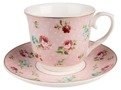 Zdjęcie produktu dla Clayre & Eef Filiżanka ze spodkiem 250 ml Różowa Porcelana Kwiaty