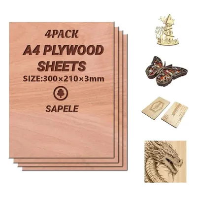 Image de 4 x A4 contreplaqué 3mm | Panneau de bois Sapele- Découpes fines en bois| Feuille parfaite pour le sciage, la pyrogravure,la découpe laser, le routeur CNC