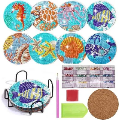 Produktbild von Diamanten-Kunstwerke-Set für Erwachsene mit Halter, 5D Diamanten-Kunstwerke-Untersetzer mit Diamanten-Rund-Boho-Design für Tassen und Kerzen