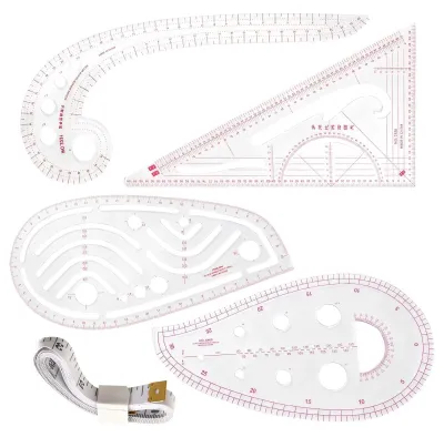 Nählinien-Set, 4-teilig, transparent, metrisch, flexibel, für Schnittmuster