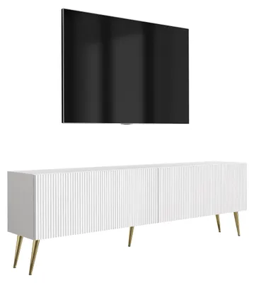 Image de Meuble TV avec façades rainurées, blanc mat, pieds inclinés dorés, 170 × 32 × 52 cm