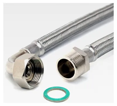 Produktbild von Panzerschlauch 3/4"AG x 3/4"ÜM mit Bogen, Zulaufschlauch für Waschmaschine, Trinkwasser, DN13, Edelstahl, Länge 150 cm