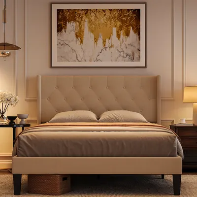 Produktbild von BEALIFE Polsterbett 140x200 cm Kleines Doppelbett mit Wingback-Kopfteil & Lattenrost | Modernes Stoffbett in Dunkelgrau/Beige | AF16
