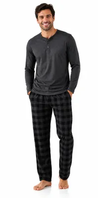 Produktbild von Schlafanzug Herren Lang Pyjama Baumwolle Zweiteiliges Set Langarm Shirt Lange Karierte Pyjamahose Grau M, KI-generiertes Bild
