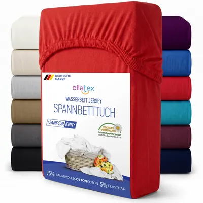 Produktbild von EllaTex Premium Spannbettlaken 200x220–220x240 Baumwolle-Elasthan 200 g/m² – Spannbetttuch 40 cm Steg, Boxspringbett & Wasserbett XXL, Farbe: Rot