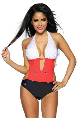 Produktbild von Marine-Monokini mit Goldknöpfen 12903 Neckholder Badeanzug in schwarz/weiß/rot, Gr. S=34/36