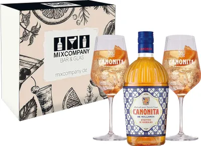 Produktbild von Canonita Geschenkset - Aperitif de Mallorca 0,75L (18% Vol) +2x Canonita Glas / Aperitivo de Naranjas- [Enthält Sulfite]