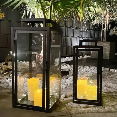 2tlg Metall Laternen Set Schwarz Gartenlaterne Windlicht H50/40cm