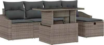 Produktbild von Modulares Garten-Sofa-Set, 6-teilig, für 5 Personen, Poly-Rattan Grau, mit Kissen und Gartentisch, wetterfest, für Terrasse & Balkon