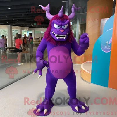 Immagine prodotto di Personaggio mascotte REDBROKOLY del diavolo viola vestito con un costume da bagno intero e orologi con braccialetto