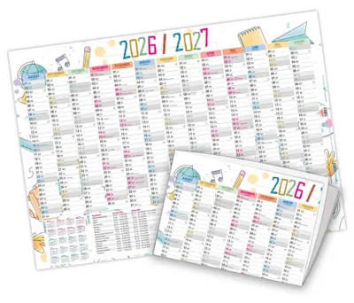 Produktbild von itenga Schülerkalender 2026/27 Doodles Schulplaner Jahresplaner DIN A2 (59,4 x 42,0 cm), 170 g/m², gefalzt auf DIN A4
