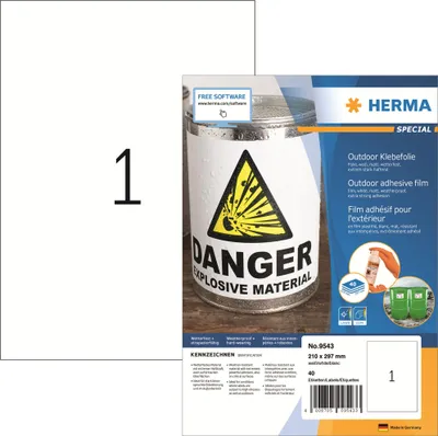 Obrázek produktu pro HERMA 9543, Bílá, Obdélník, A4, Univerzální, Polyetylen, Matný